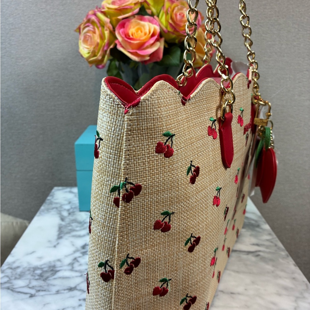 Betsey Johnson Raffia Cherries XOTOTE-L BM30065 Tote Bag - NWT w/ Bonus Charm - Picture 4 of 9